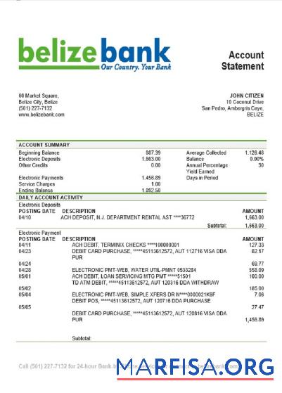 Realistic Belize Belizebank bank statement download for verification